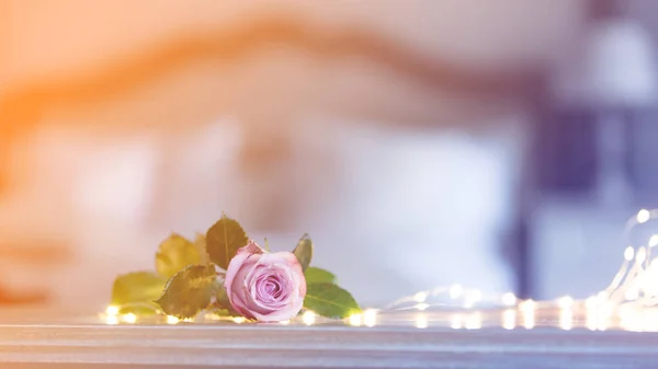 Rosa rosa sobre mesa de madera —  Fotos de Stock