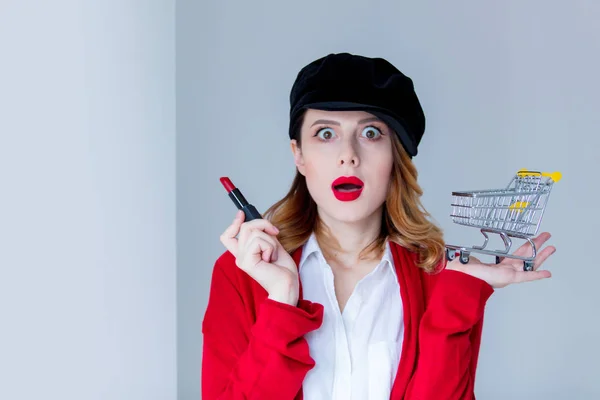 Woman in hat with lipstick — Stock Photo, Image