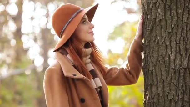 Рыжая женщина в осеннем парке — стоковое видео