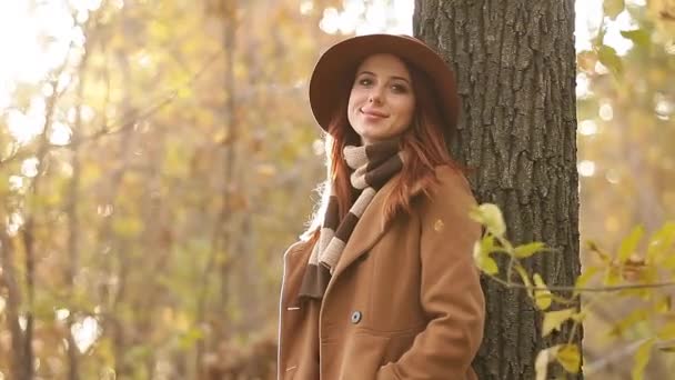 Roodharige vrouw in herfst park — Stockvideo