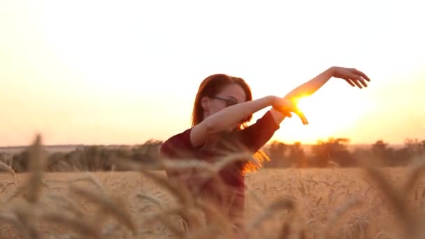 Rödhårig kvinna på vetefält. — Stockvideo