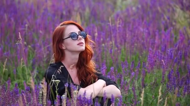 Roodharige vrouw aan lavendel weide. — Stockvideo