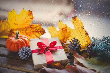 Hediye kutusu ve akçaağaç yaprakları 