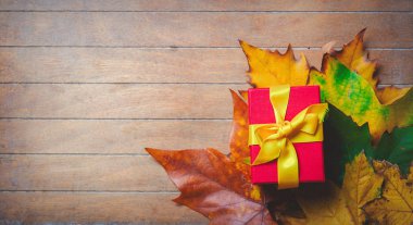 Hediye kutusu akçaağaç yaprakları üzerinde 