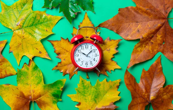 Reloj despertador vintage y hojas de arce —  Fotos de Stock