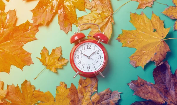 Ρετρό ρολόι ξυπνητήρι και φύλλα σφενδάμου — Φωτογραφία Αρχείου