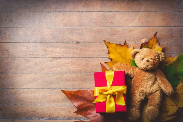 Медвежья игрушка и подарочная коробка — стоковое фото
