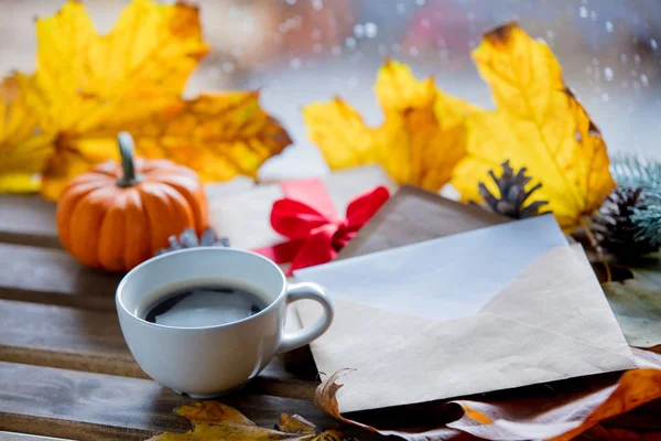 Scatola regalo e foglie d'acero — Foto Stock