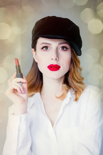 Vertical View Portrait Young Confident Woman Hat Holding Lipstick Makeup — Stock Photo, Image