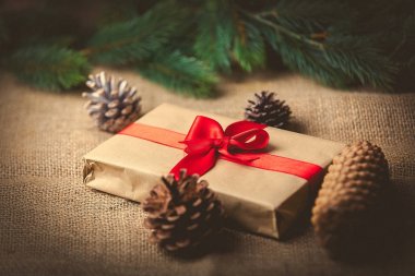 Noel hediye ve çam kozalakları