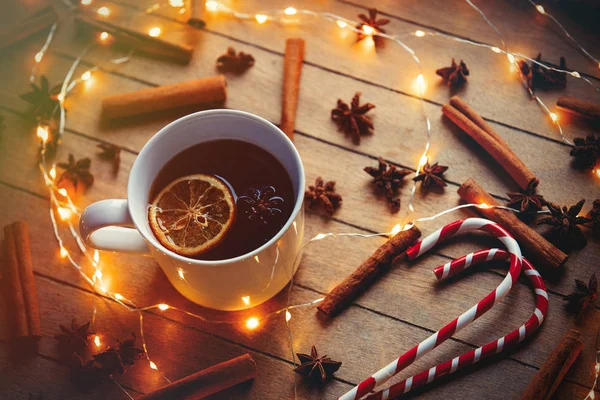 Cup of tea and candy canes — Stock Photo, Image