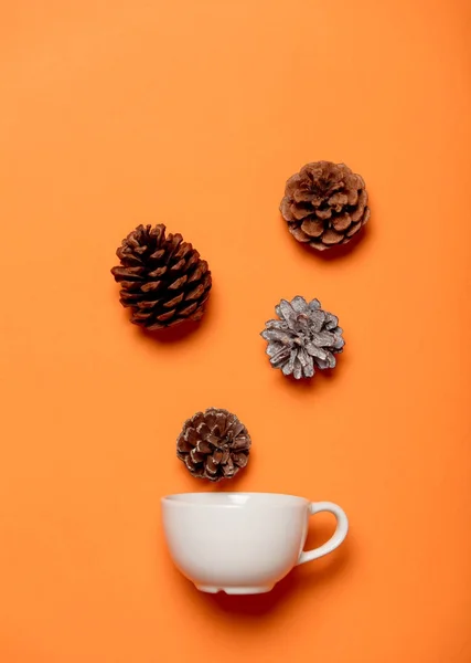 White cup and pine cones — Stock Photo, Image