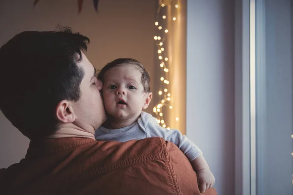 Young Father Holding Little Child Shoulder Indoor Image Focus Infant — Stock Photo, Image