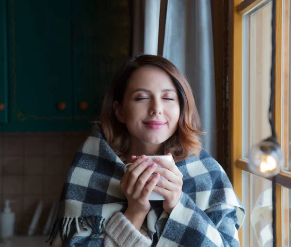 Portrait Redhead Woman Plaid Cup Coffee Window Cozy Morning Concept — Stock Photo, Image