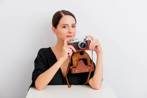 Pretty Redhead Caucasian Woman Black Dress Vintage Camera Sitting White — Stock Photo, Image