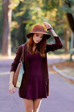 Çanta ve şapka sonbahar Park açık olan genç Kızıl saçlı kadın