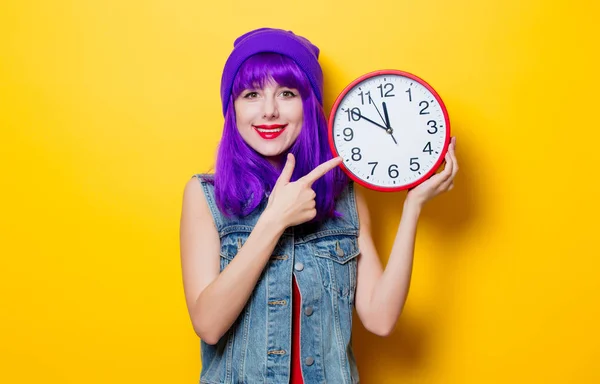 Portrait Young Style Hipster Girl Purple Hair Big Clock Yellow — Stock Photo, Image