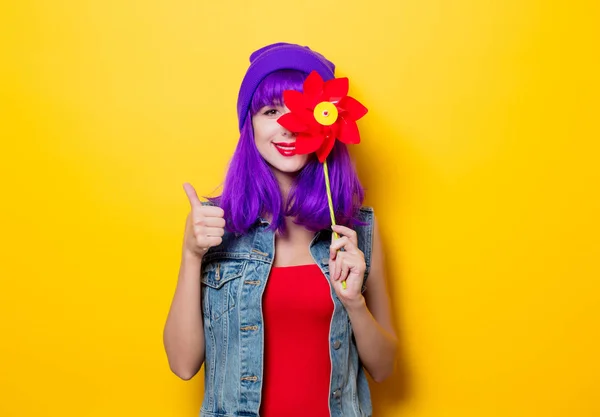 Portrait Young Style Hipster Girl Purple Hairstyle Pinwheel Yellow Background — Stock Photo, Image