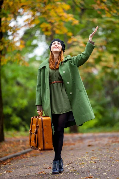 Portrait Young Redhead Girl Green Coat Suitcase Autumn Season Outdoor — Stock Photo, Image