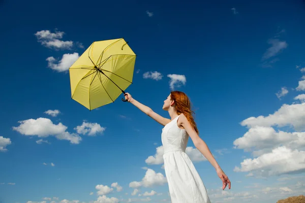 Young Redhead Woman Umbrella Blue Sky Clouds Background — Stock Photo, Image