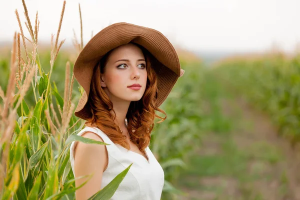 田舎屋外でトウモロコシ畑で帽子の少女 — ストック写真