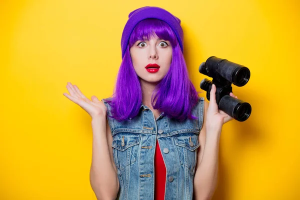 Portrait Young Style Hipster Girl Purple Hair Binoculars Yellow Background — Stock Photo, Image