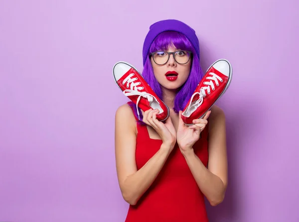 Portrait Young Style Hipster Girl Blue Hair Red Gumshoes Purple — Stock Photo, Image