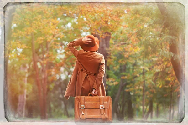 Back Side View Woman Suitcase Autumn Season Park — Stock Photo, Image