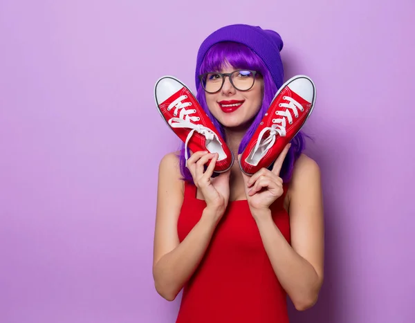 Portrait Young Style Hipster Girl Blue Hair Red Gumshoes Purple — Stock Photo, Image