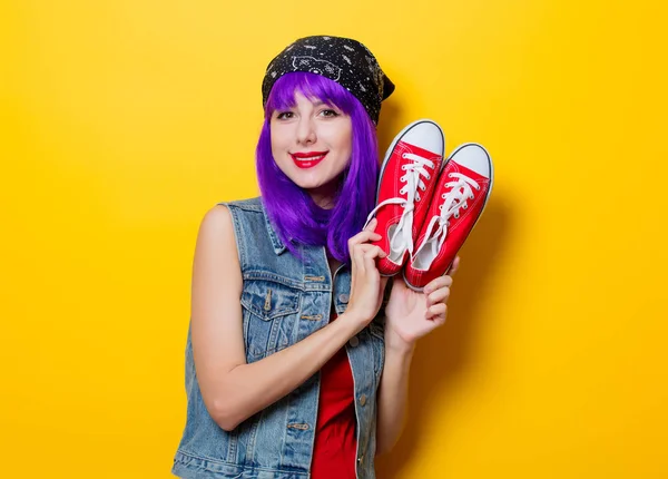 Portrait Young Style Hipster Girl Purple Hair Red Gumshoes Yellow — Stock Photo, Image
