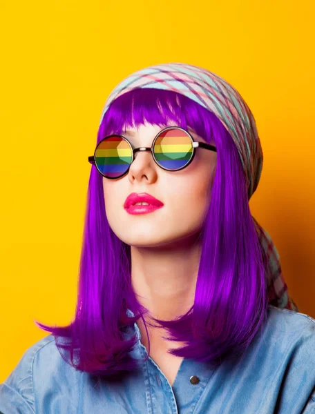 Young girl with purple hair and rainbow on suglasses — Stock Photo, Image