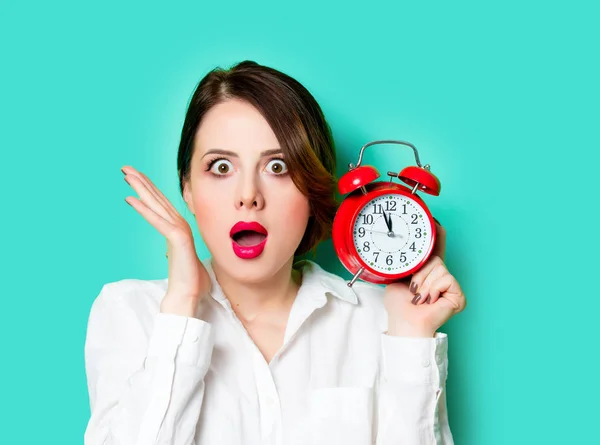 Portrait Beautiful Surprised Young Woman Alarm Clock Wonderful Studio Green — Stock Photo, Image