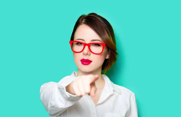 Portrait Beautiful Thoughtful Young Woman Glasses Wonderful Studio Green Background — Stock Photo, Image