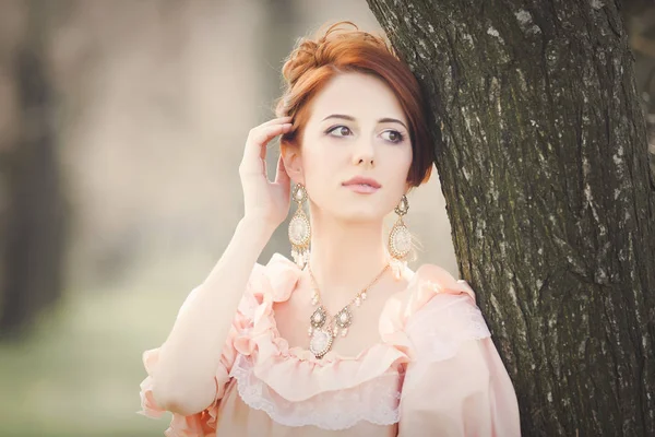 Young Redhead Girl Victorian Era Clothes Standing Tree Park — Stock Photo, Image