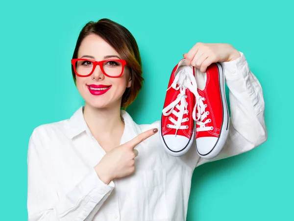 Portrait Beautiful Smiling Young Woman Gumshoes Wonderful Studio Green Background — Stock Photo, Image