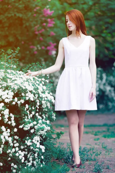 Menina Ruiva Jovem Vestido Branco Perto Uma Árvore Arbustos Parque — Fotografia de Stock