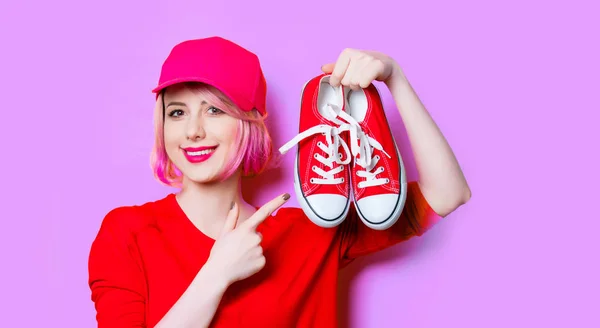 Portrait Beautiful Smiling Young Woman Red Gumshoes Wonderful Purple Studio — Stock Photo, Image