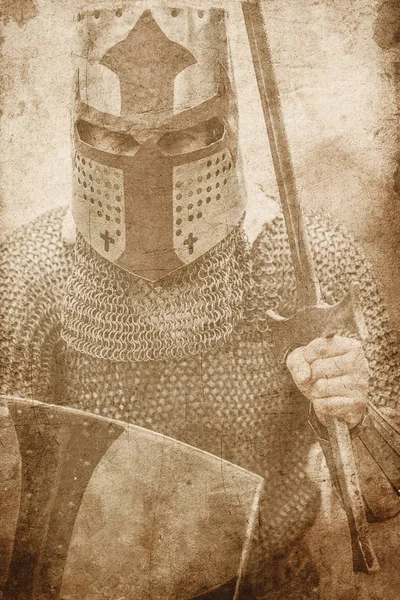 Μεσαιωνικός Ιππότης Οπλισμένη Σπαθί Και Ασπίδα Εικόνα Παλαιό Στυλ Χρώμα — Φωτογραφία Αρχείου