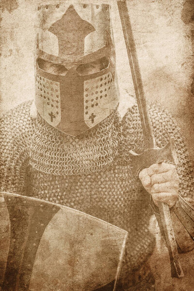 medieval armed knight with sword and shield. Image in old color style 