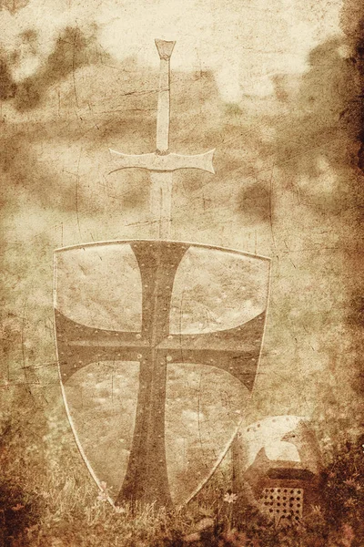 Středověký Meč Štít Helmu Zem Obrázek Starém Stylu Color — Stock fotografie