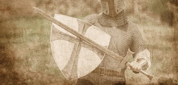 Medieval Armed Knight Sword Shield Image Old Color Style Stock Image