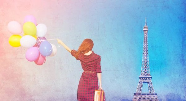 Beautiful Girl Plaid Dress Multicolored Balloons Eiffel Tower Background — Stock Photo, Image