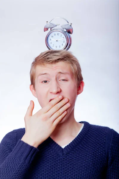 Young Teen Boy Alarm Clock Grey Background — Stock Photo, Image