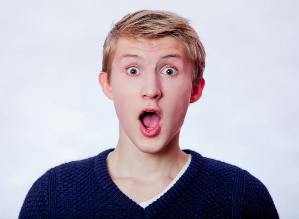 Young Surprised Teen Boy Grey Background — Stock Photo, Image