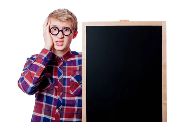 Young Nerd Teen Boy Blackboard White Background — Stock Photo, Image