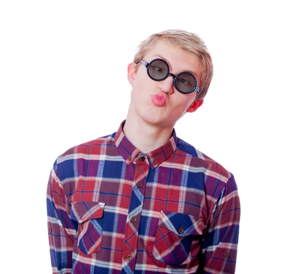 Nerd Junge Mit Sonnenbrille Auf Weißem Hintergrund — Stockfoto