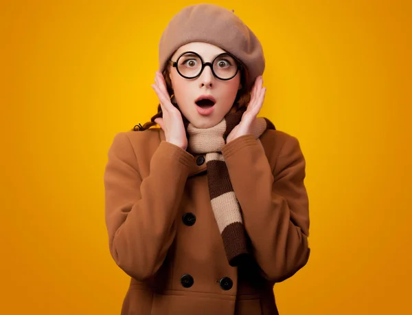 Portrait Young Redehad Nerd Girl Coat Eyeglasses Yellow Background — Stock Photo, Image