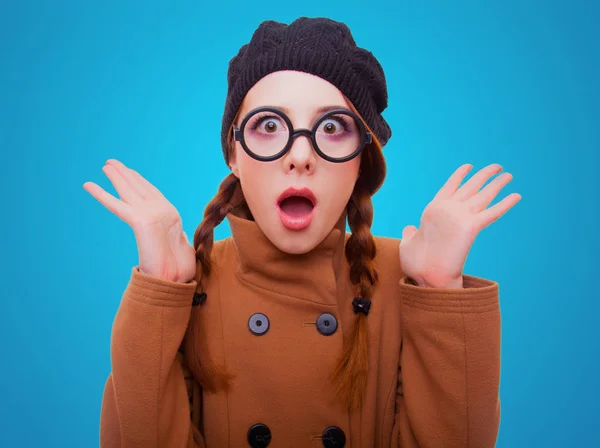 Portrait Young Redhead Funny Nerd Girl Eyeglasses Coat Blue Background — Stock Photo, Image