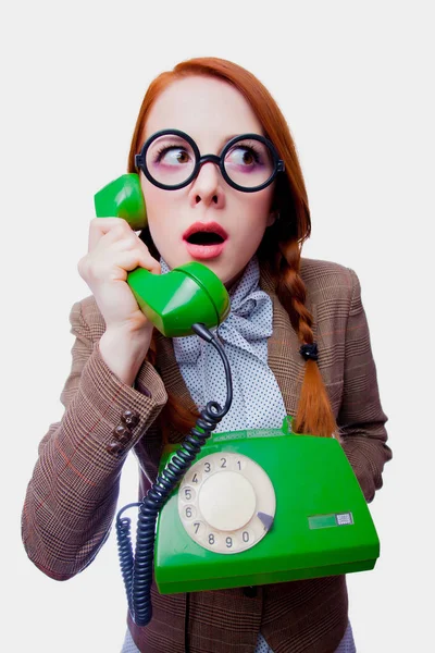 Portrait Young Redhead Teacher Glasses Green Dial Telephone White Background — Stock Photo, Image