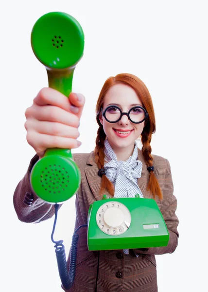 Portret Nauczyciela Rude Młode Okrągłe Okulary Zielony Telefon Białym Tle — Zdjęcie stockowe